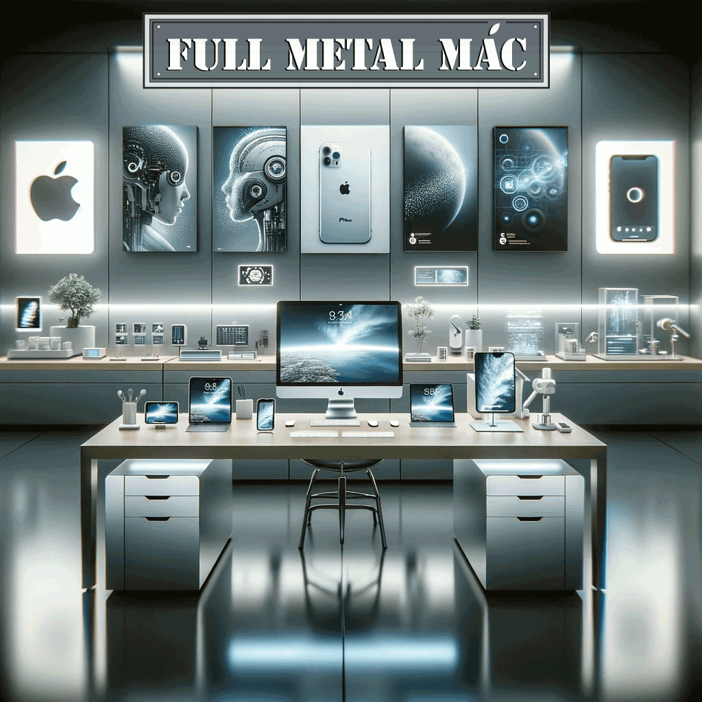 Image depicting a modern, sleek office setting showcasing various Apple products and services, including the new Apple Vision Pro hardware. The scene is designed to reflect the architectural and ecosystem themes associated with Apple's offerings, highlighting their emphasis on technology and design.